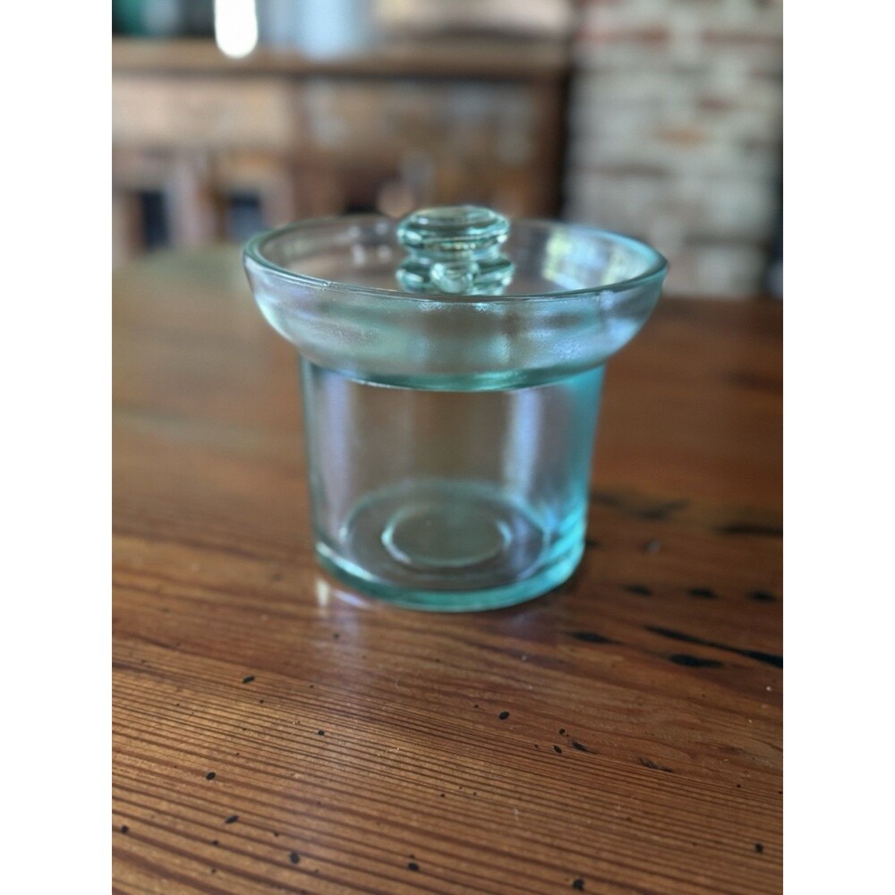 Green Tinted Jar/Canister With Lid 4.75 Inches Tall Thick Bubble Glass Lovely